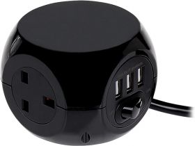 Status 3 Way 1.4 Metre Black Cube Socket with 3 USB ports x6