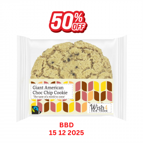 CLEARANCE - SINGLE Wish4 Fairtrade Giant American Chocolate Chip Cookies 60g (15/12/2025)